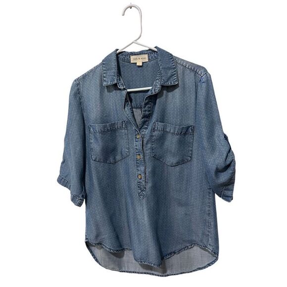 Anthropologie Cloth & Stone Polka Dot Roll Tab Sleeves Chambray Shirt Small - Picture 4 of 13